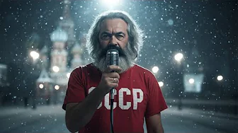 The image shows an AI render of how modern day marx might look like, wearing a red shirt with cccp on it, standing at an old microphone, snow falling in the background with a backdrop of the kreml at night.