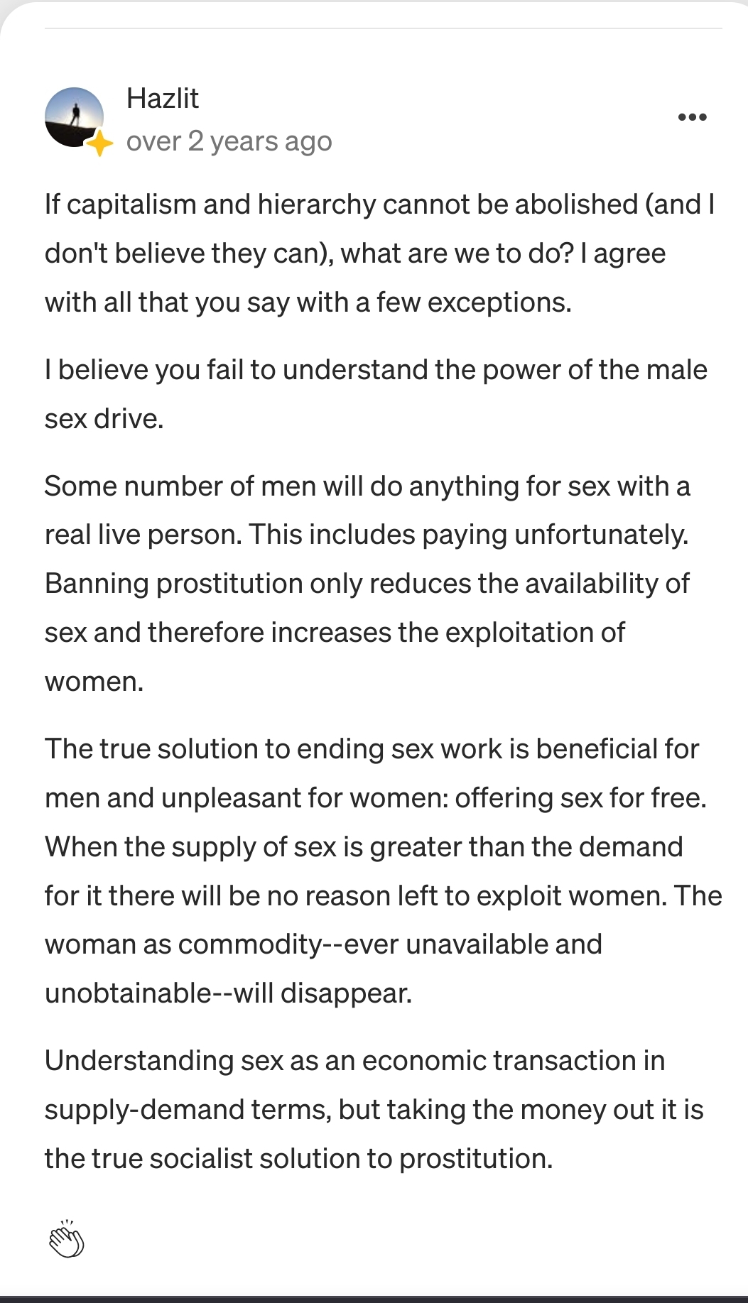 According to this person, the way to abolish sex work is for all women to never say no