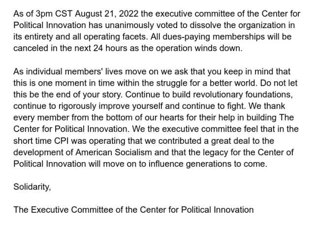 CPI (Center for Political Innovation) has announced their dissolution