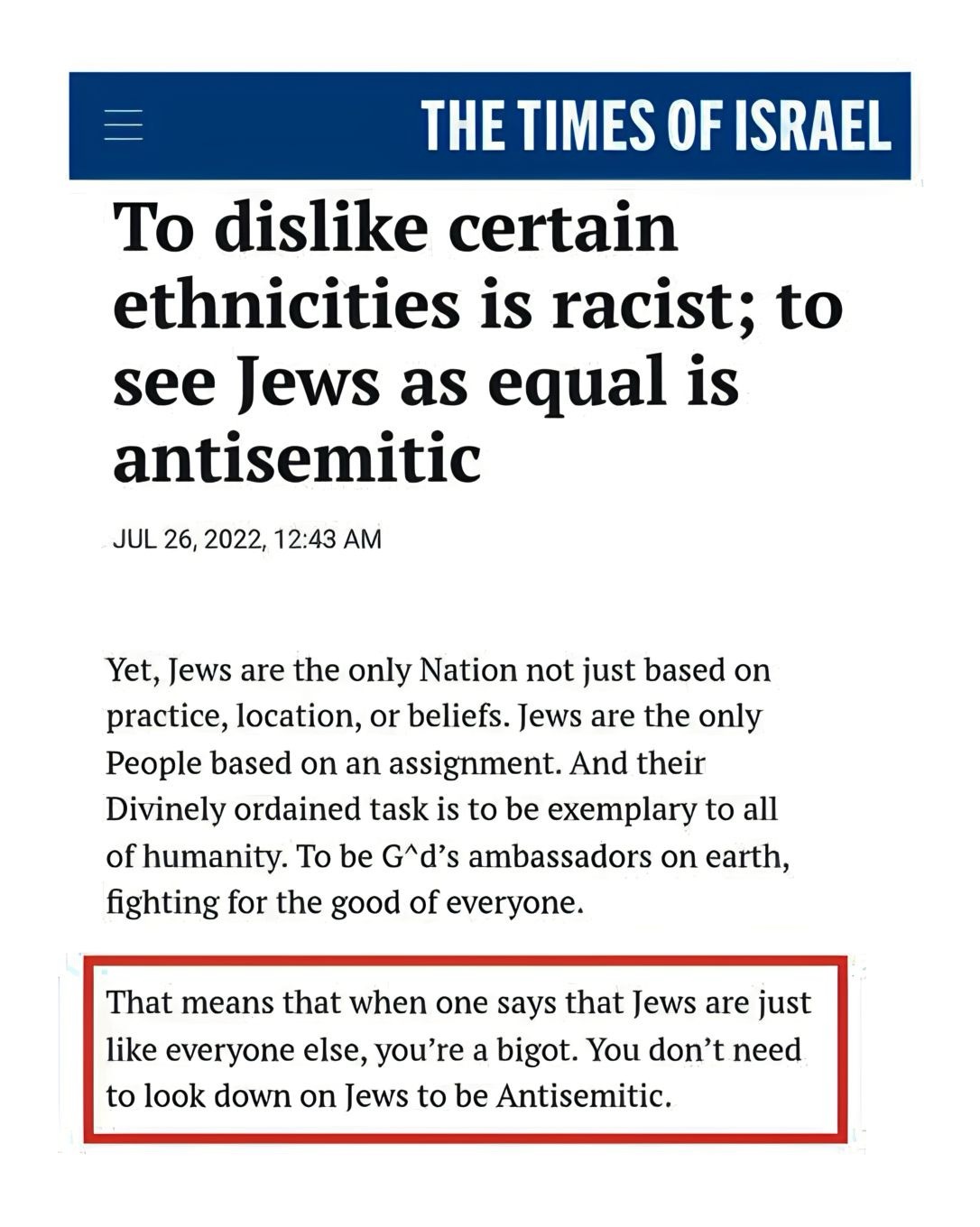 Zionists: “To dislike certain ethnicities is racist; to see Jews as equal is antisemitic”