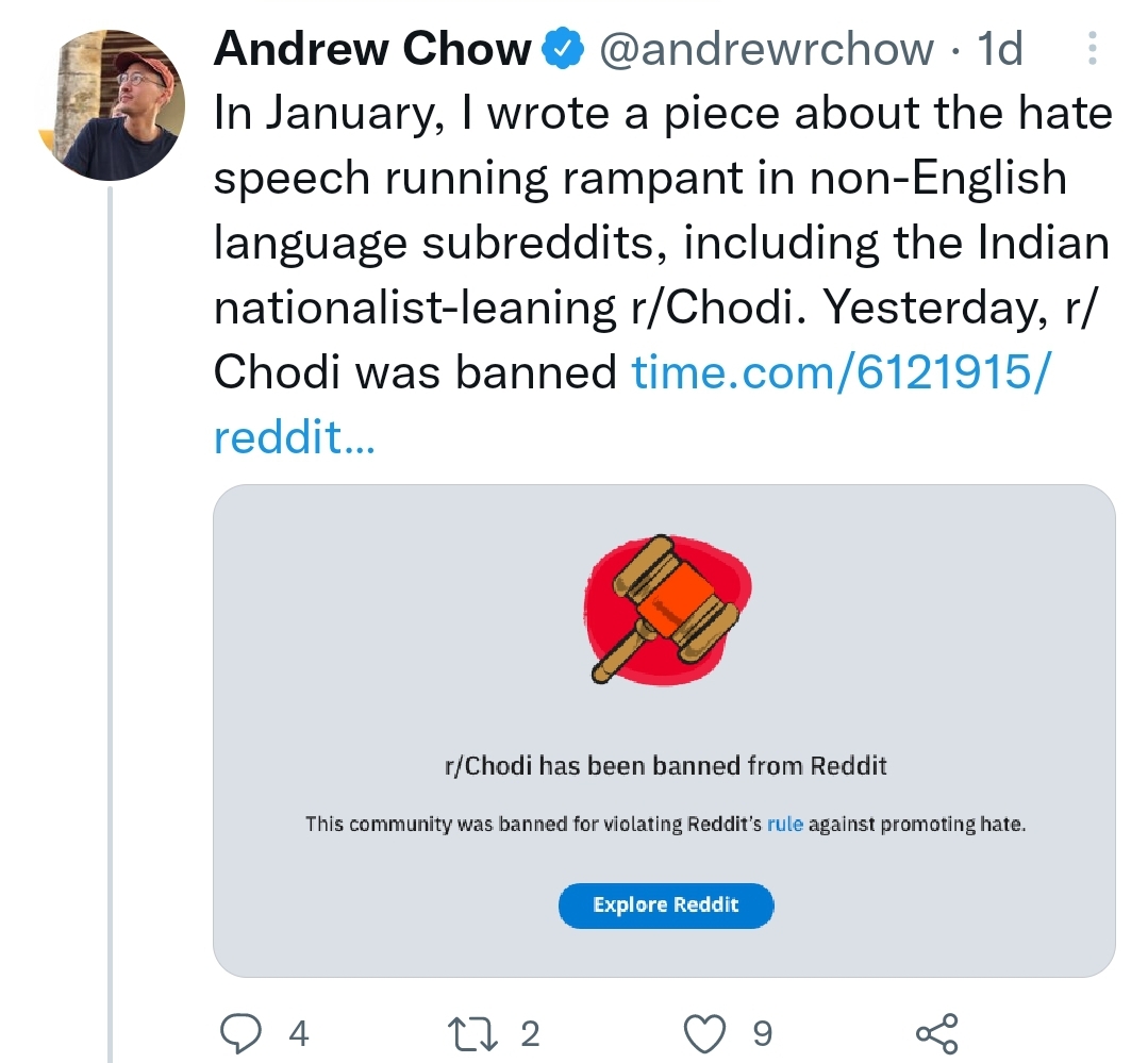 Andrew Chow brags about getting r/chodi banned. He's a very serious journalist /s