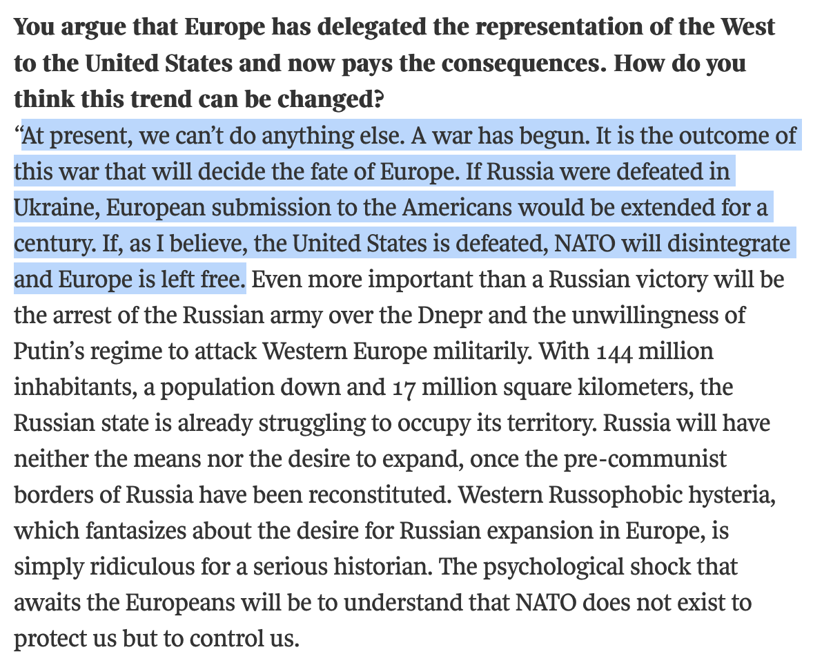 Russian victory would free Europe from NATO control' – French historian Emmanuel Todd.