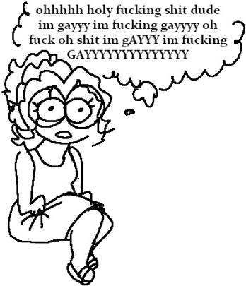 cartoon outline drawing of woman sitting with legs crossed with death grip on thigh wrinkling dress using profanity to emphasize the depth of homosexuality 