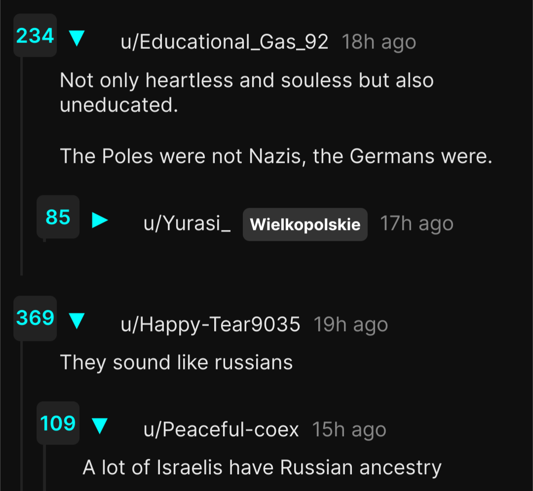 On an /r/poland post showing IDF goons posting snuff of the assassinated WCK aid workers on Telegram