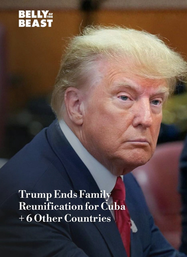 photo of Donald Trump with some text

Text at upper left has logo saying "Belly of the Beast"
Text in center says: 
Trump Ends Family
Reunification for Cuba
+6 Other Countries 


