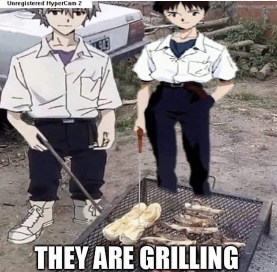 Kaworu and Shinji grilling. "They are grilling"