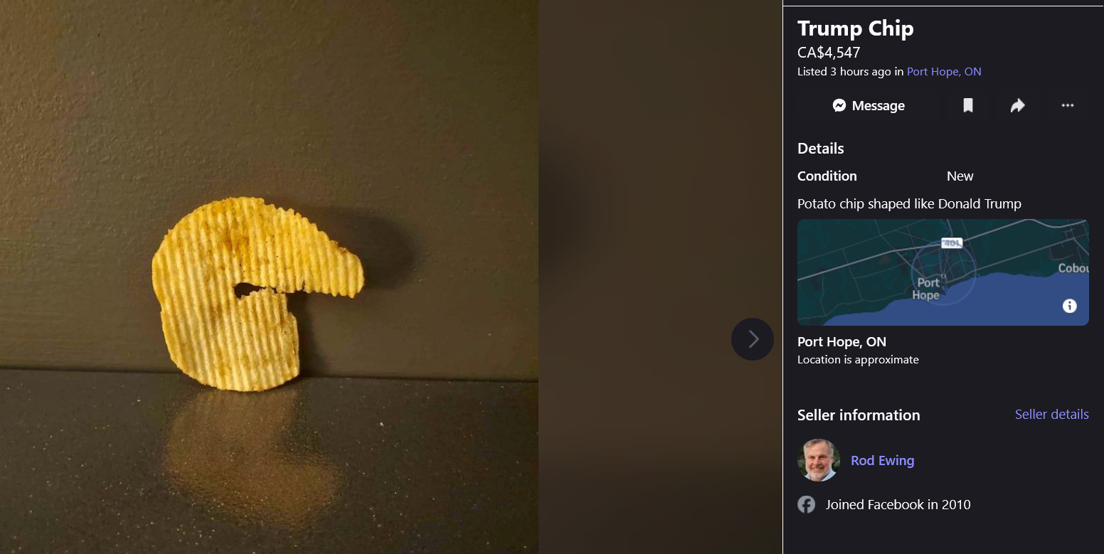 picture of a trump chip for sale for 4,547 dollars on facebook market place