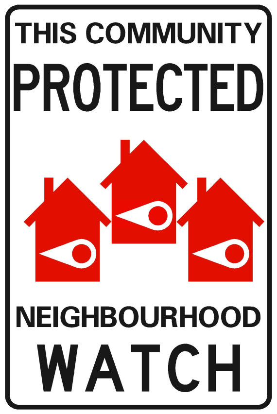 neighborhood watch sign with pictures of eyeballs on houses