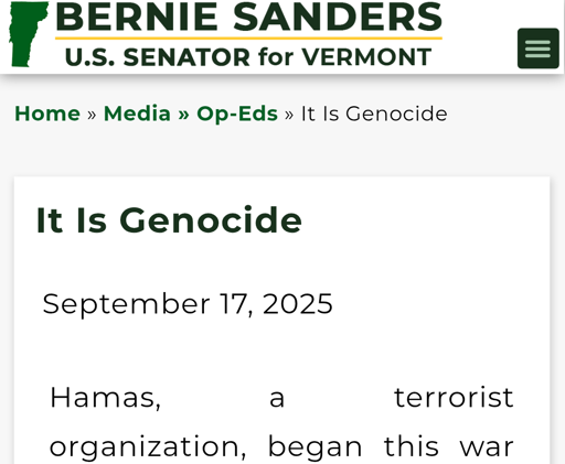 Article by Bernie Sanders titled "It Is Genocide" begins with: "Hamas, a terrorist organization, began this war"