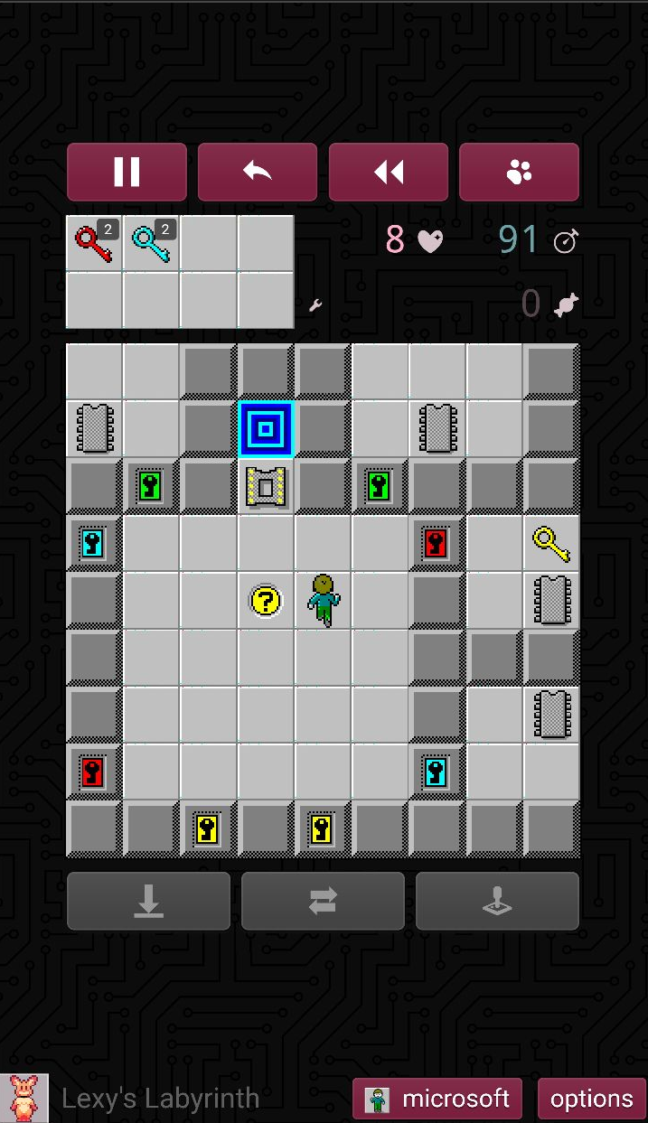 the first level of cc1 running on lexy's labyrinth, using a mscc tileset, played on cromite due to weird artifacting on mobile firefox.