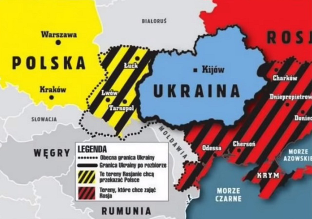 A map of Ukraine (blue), with Poland(yellow) and Russia(red) also in the in the picture, some western territory claimed by the current Ukrainian Government is colored in yellow stripes, while some of the eastern labeled with red stripes