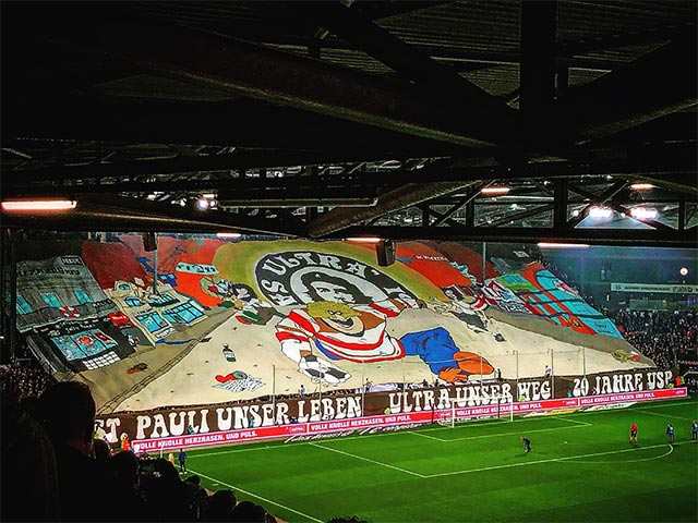 Ultras Sankt Pauli with a tifo celebrating 20 years of support