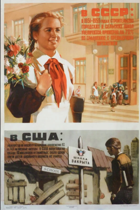 Soviet poster comparing USSR education to Amerikkka 1953