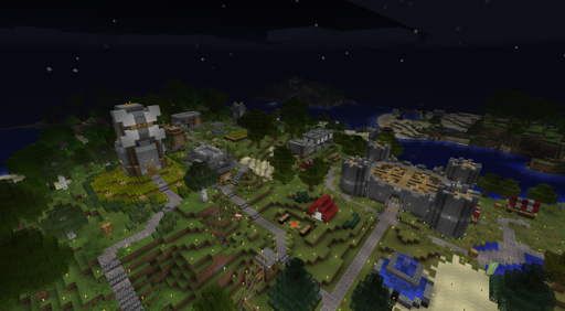 pictured here is a castle, a windmill, a minecraft village, a few markets and a tropical beach in the horizon. this alt text is a little vague, sorry