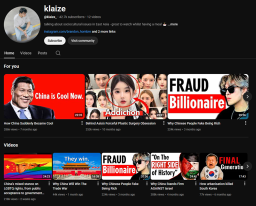 Youtube channel of creator klaize with videos relating to societal and political topics in East Asia