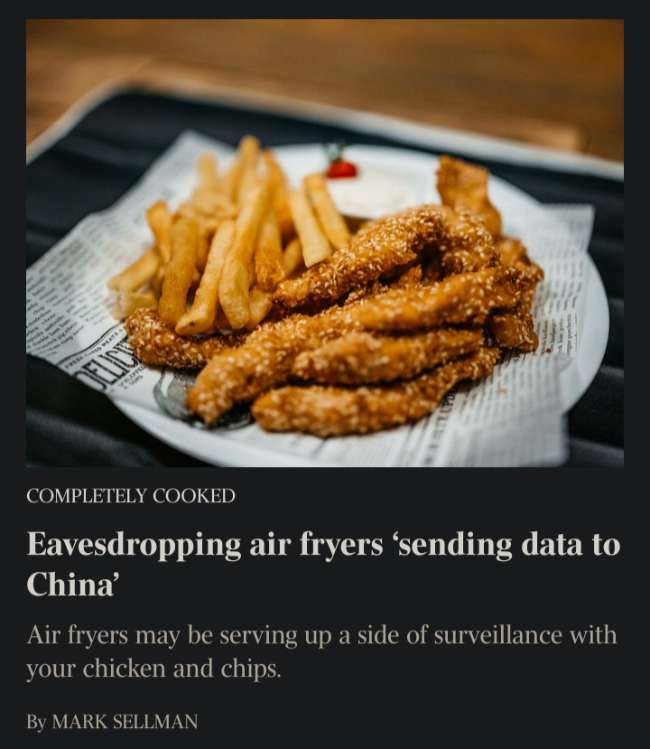 Photograph of fried food, and the headline: Eavesdropping air fryers ‘sending data to China’