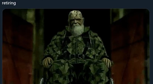 picture of "the end" from mgs3 snake eater, with the top caption saying "retiring". this came from a video by jixaw named "metal gear fluid", very funny video btw. also hello alt text person. i am so sorry.