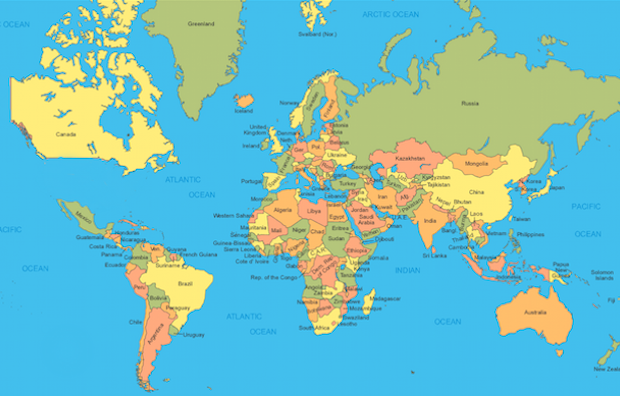 Map of the world without the USA