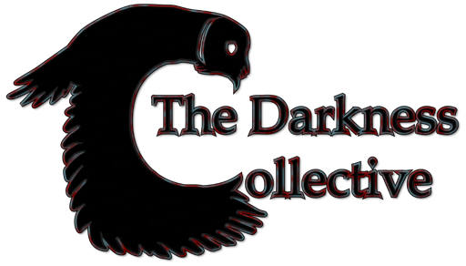 Text "The Darkness Collective" black fill with red & blue blotchy outline. The capital "C" in Collective is combined with the silhouette of an owl flapping its wings downward.
