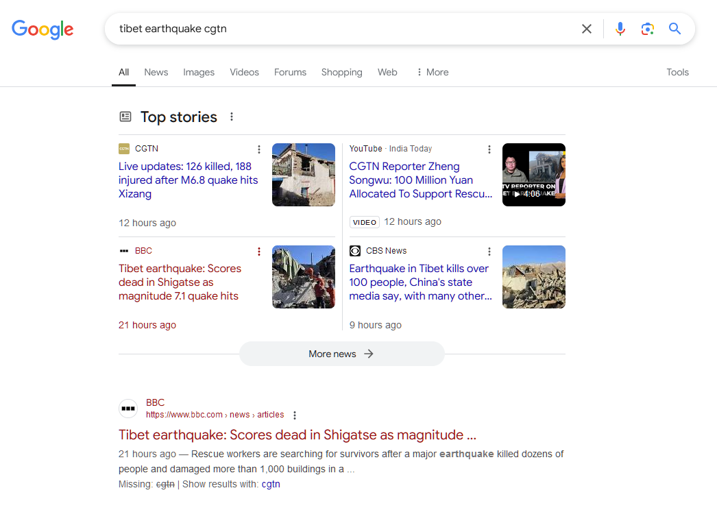 screenshot of query on Google for "tibet earthquake CGTN" showing a result from CGTN, but not at the top