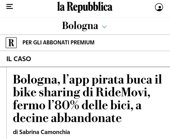 Dall'edizione nostrana di repubblica

Bologna, l’app pirata buca il bike sharing di RideMovi, fermo l’80% delle bici, a decine abbandonate