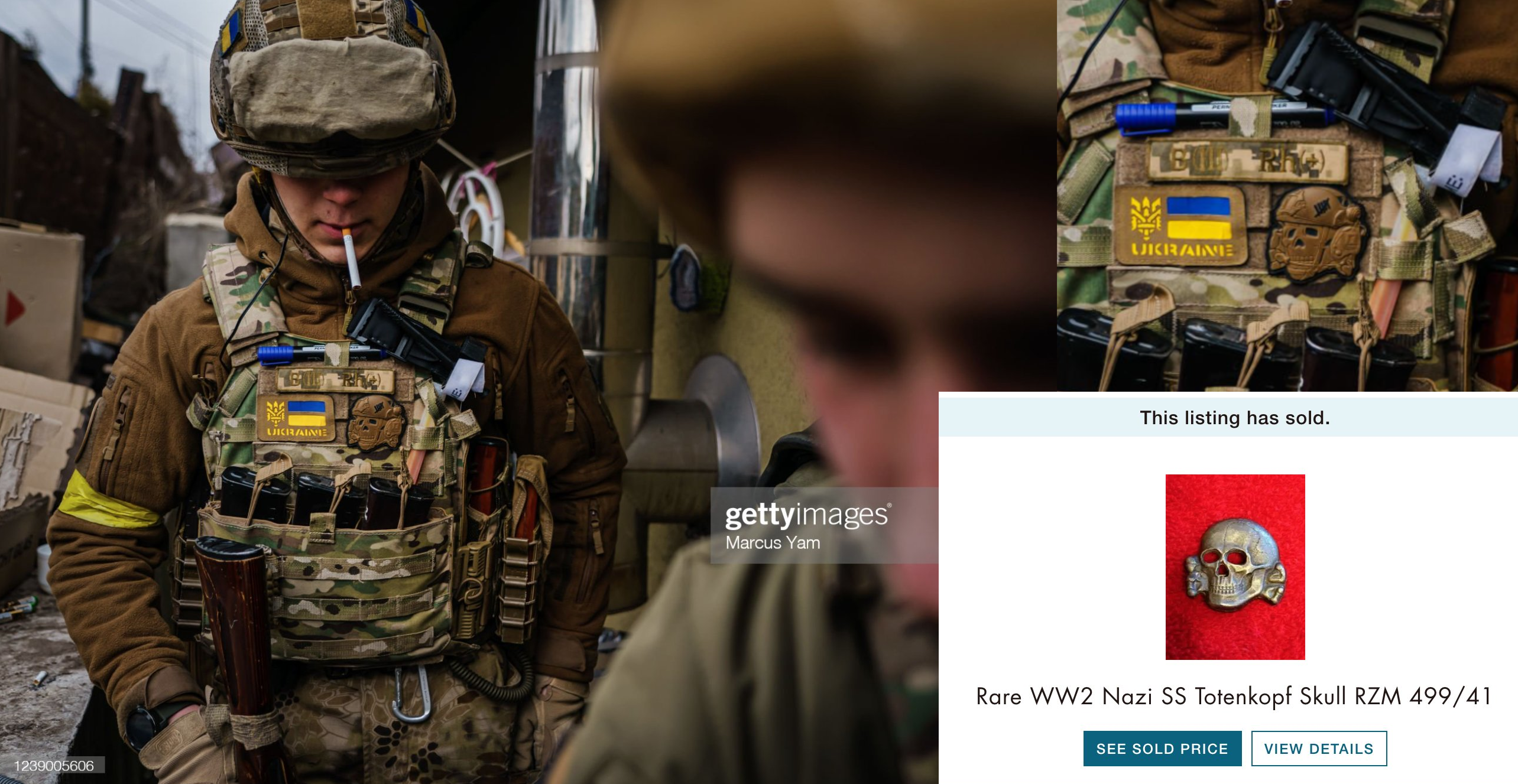 Getty images uploads picture of Ukrainian soldier wearing Nazi Tokenkopf skull patch...