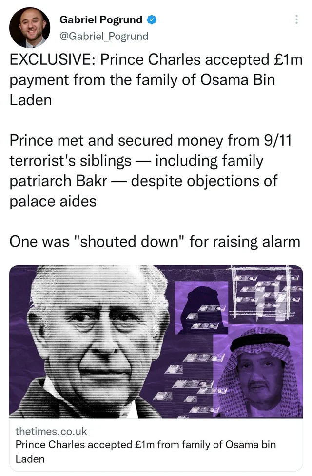 Jfc, Prince Charles accepted £1m from family of Osama bin Laden 👑