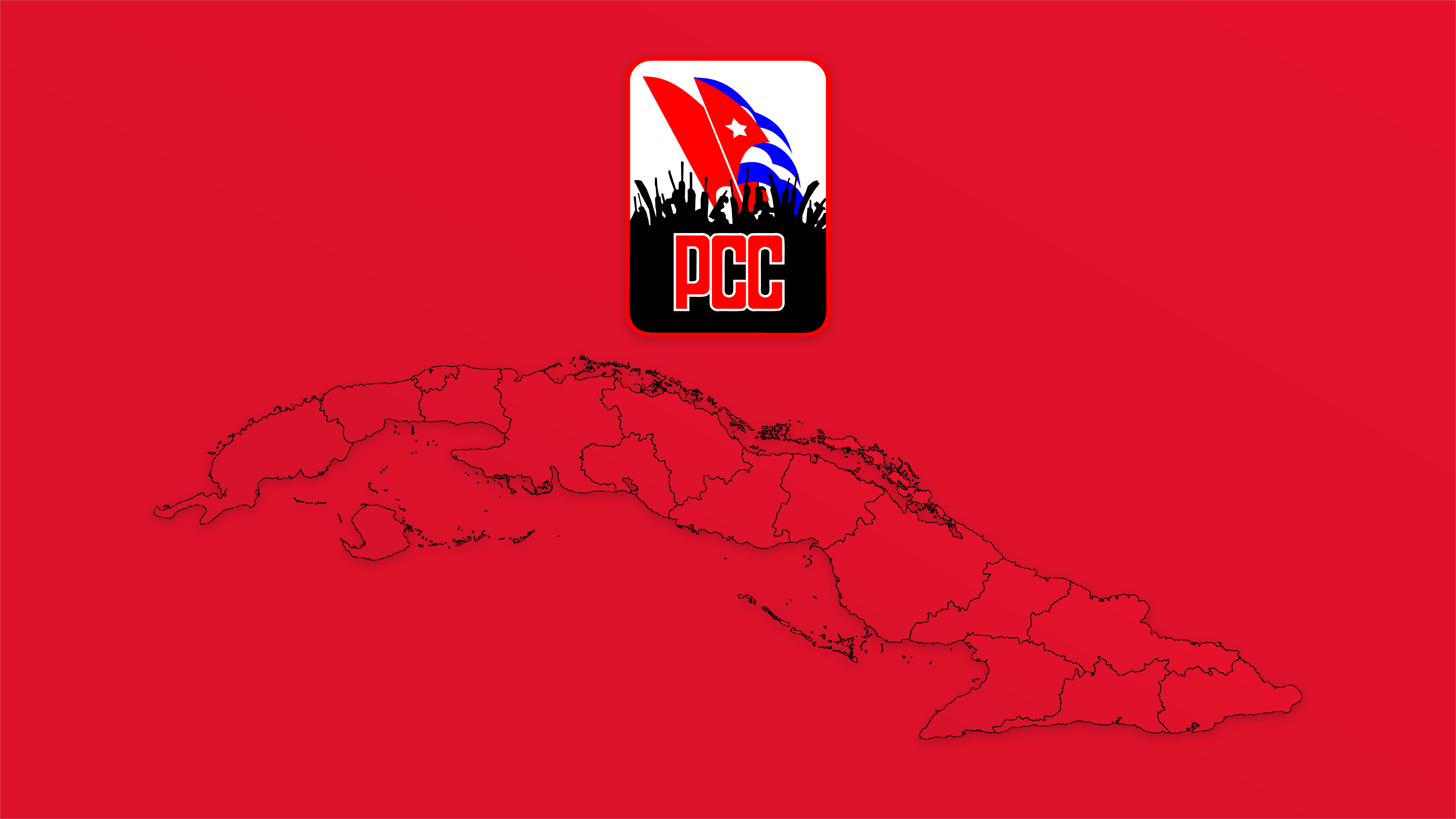 a wallpaper of a political map of cuba on a red background with the logo of the cuban communist party above it.