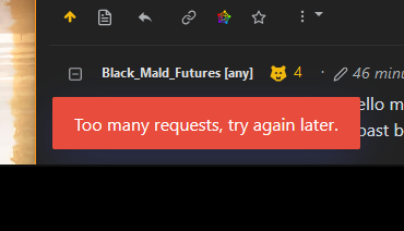 A small section of a screenshot showing a brightly colored red box labelled "Too many requests, try again later". Part of the hexbear website is visible behind it. 