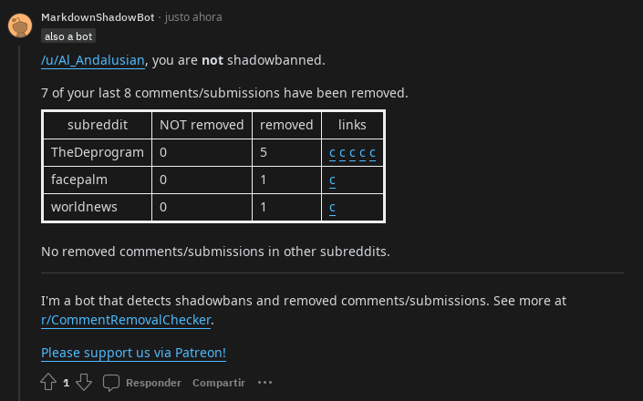 So I thought I was shadowbanned, but actually I got my comments removed. It's to be expected from r/worldnews and r/facepalm, but from r/TheDeprogram? Very strange.