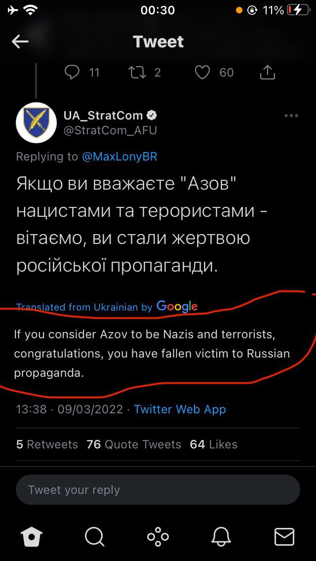 Official Ukrainian armed forces account defends Azov, and says calling them nazis is "Russian propaganda"