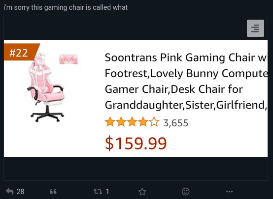 A screenshot showing an Amazon listing of a gaming chair. The title says "Soontrans Pink Gaming Chain with Gootrest, Lovely Bunny Computer Gamer Chair, Desk Chair for Grandaughter,Sister,Girlfriend..."