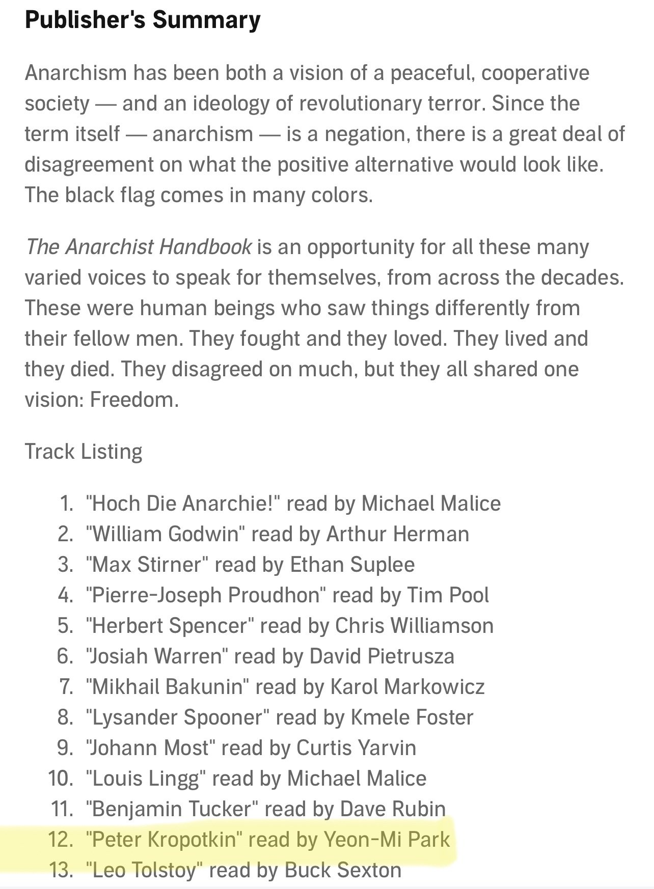 What a wonderful list of speakers for this wholesome anarchist audiobook.