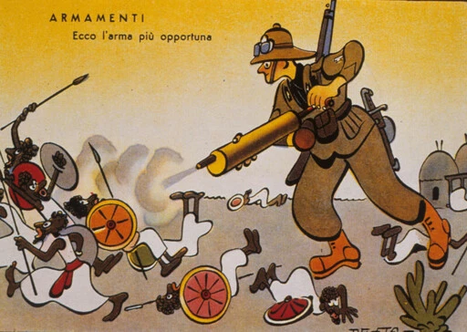 ‘WEAPONRY: Behold the most opportune weapon.’ A propagandistic (and racist) postcard by Enrico De Seta depicting a giant Fascist deploying sulfur mustard against Ethiopians. Source: https://wp.me/p4NO7-Pl7